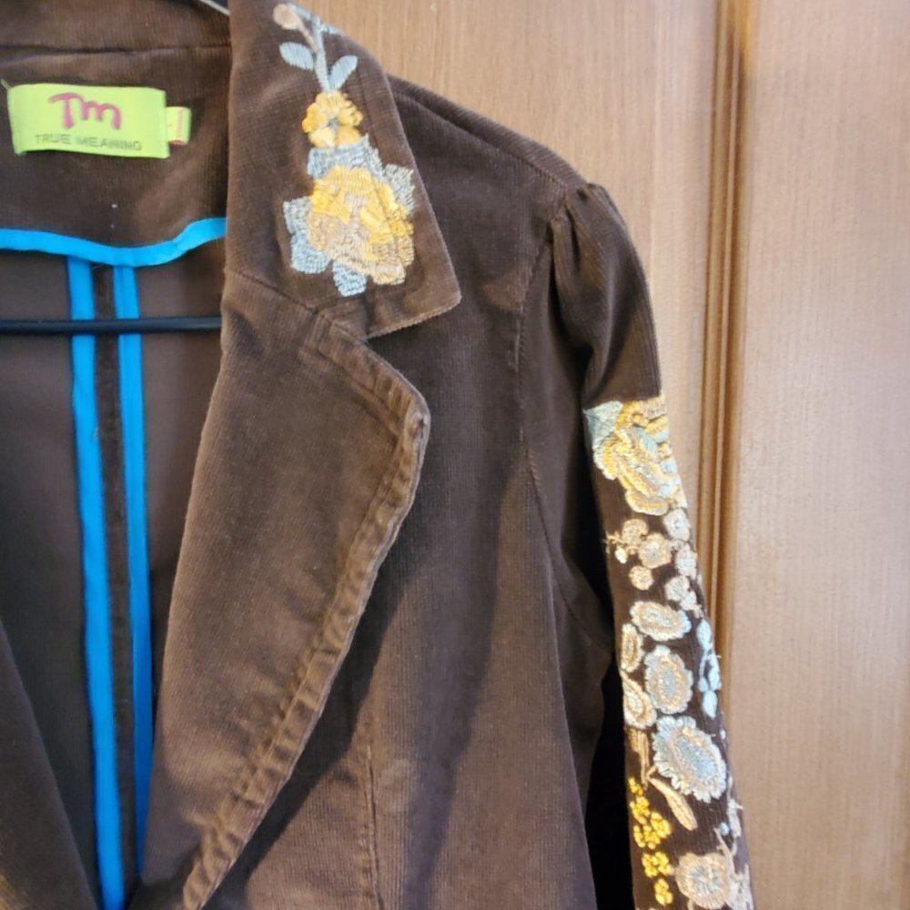 Jacket Lightweight Brown Corduroy with Floral Embroidery Women's Size Large EUC - Picture 9 of 9